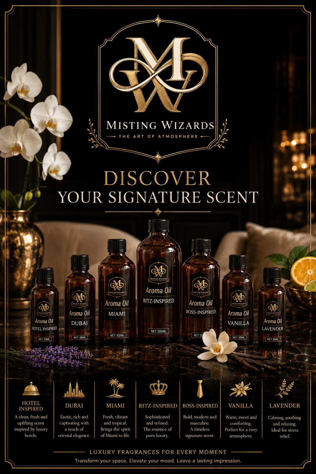 Amber Misting Wizards oils representing Hotel Inspired, Dubai, Miami, Ritz Inspired, Boss-Inspired, Vanilla, and Lavender scents.