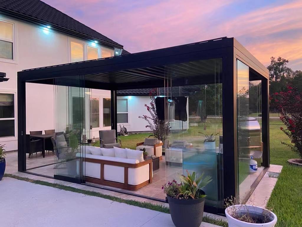 Pergola at sunset over a pool