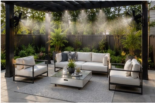 Misting system beneath a modern pergola