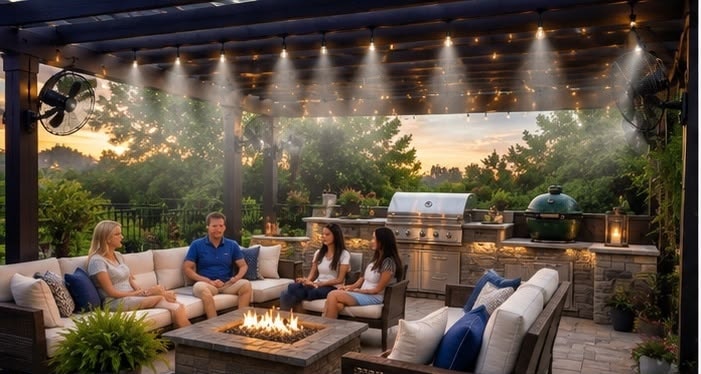 Complete outdoor living space with pergola, misting fans, fire pit, outdoor kitchen and comfortable seating at sunset
