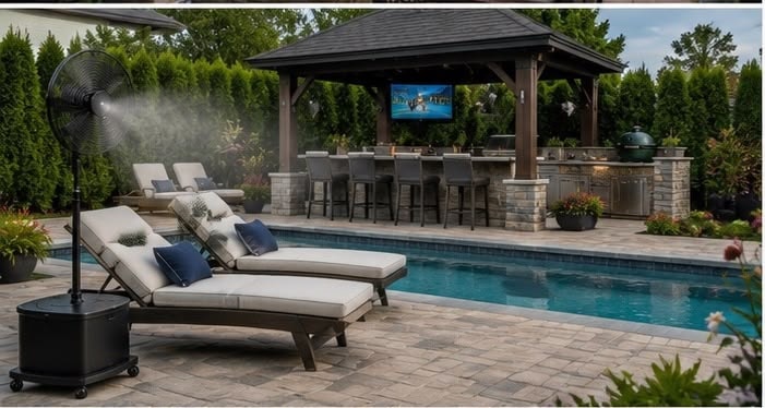 Poolside gazebo with outdoor kitchen and lounge chairs