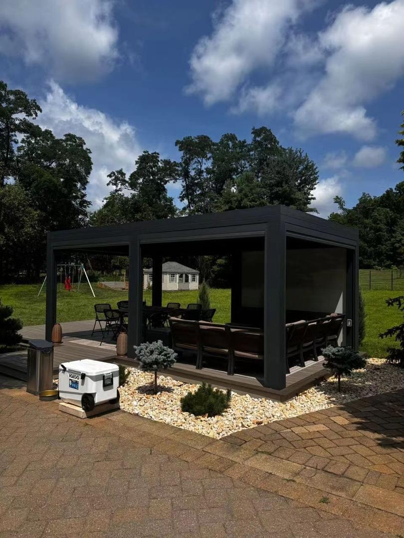 Pergola with louvered roof and outdoor seating
