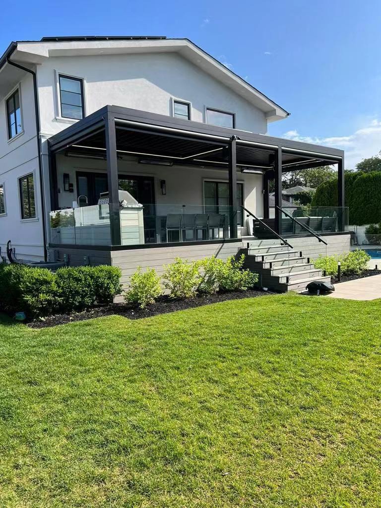 Pergola installed on an elevated deck exterior