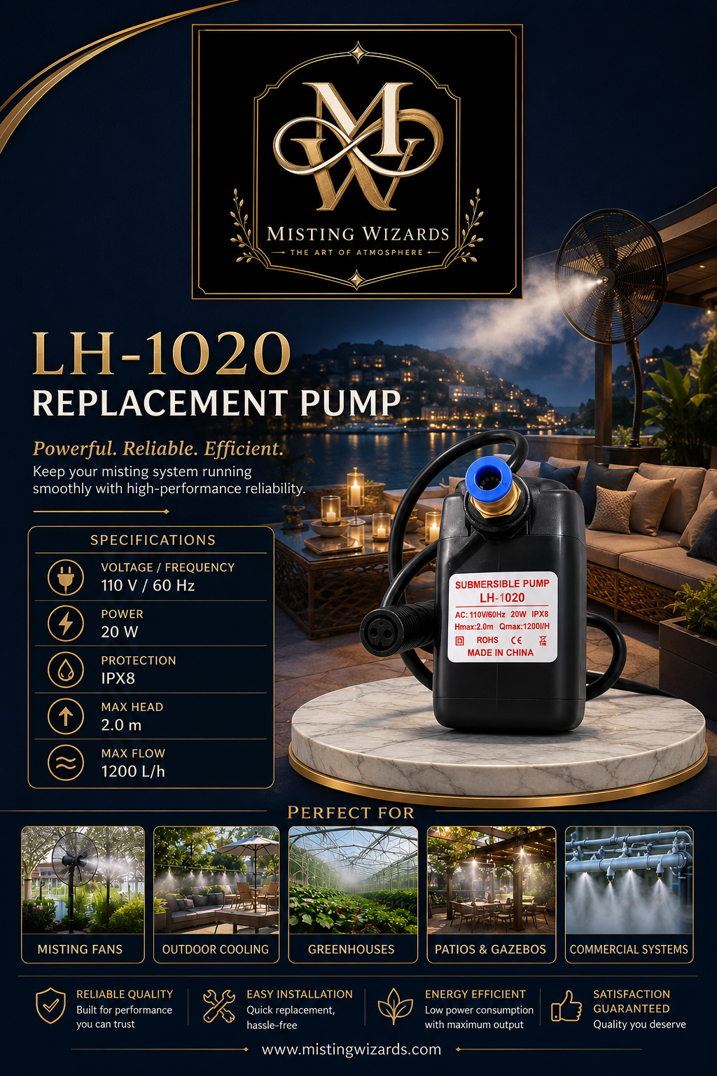LH-1020 submersible replacement pump for misting systems — 20W IPX8 rated