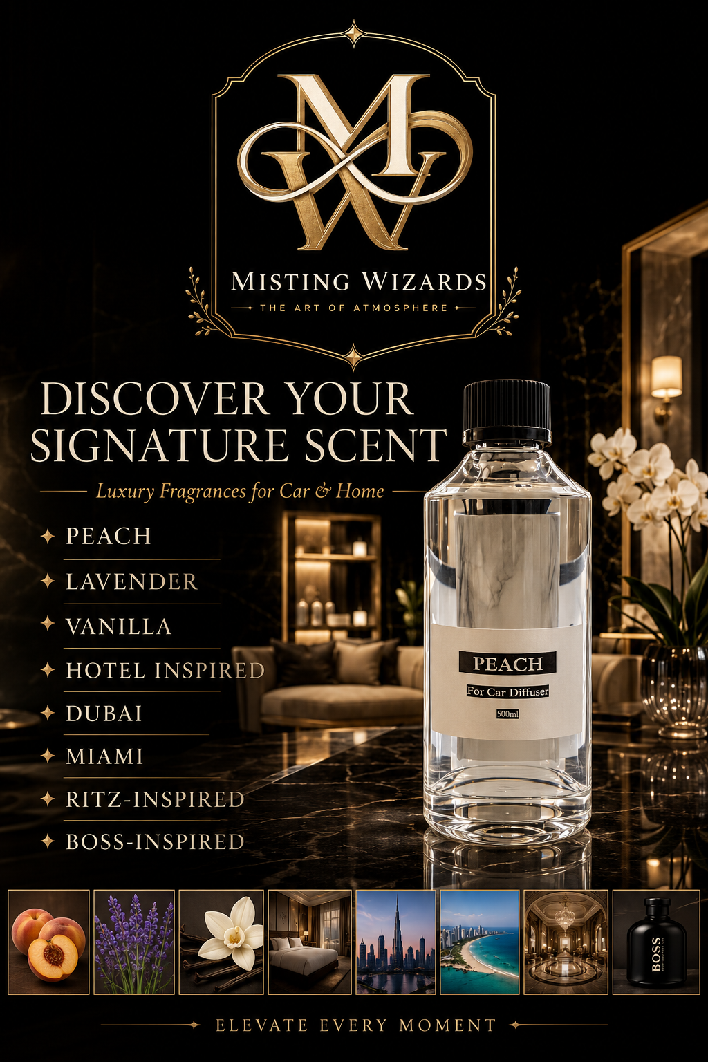 Clear Peach fragrance-oil bottles in 20 mL, 30 mL, 100 mL, and 500 mL sizes.