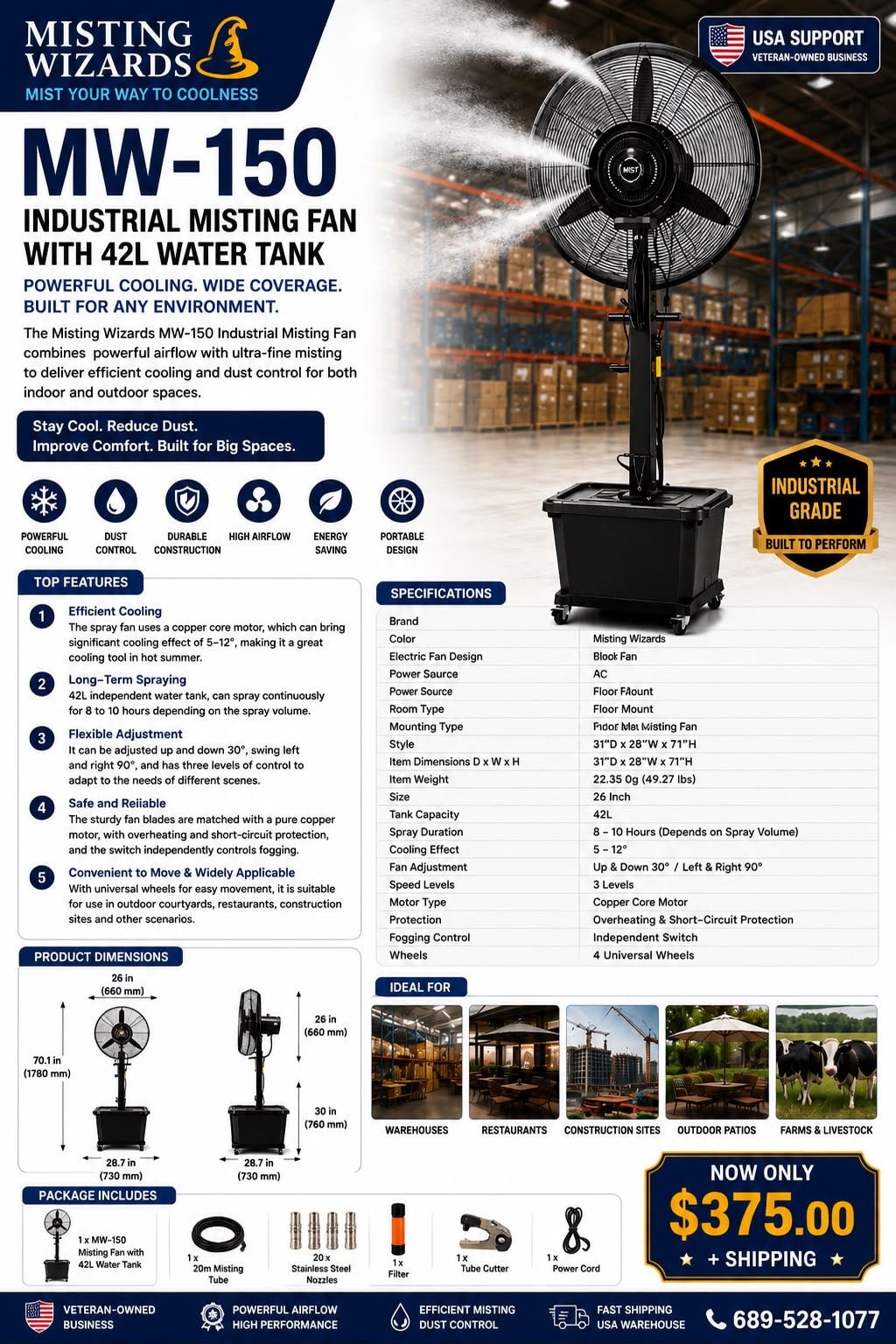 MW-150 Industrial Misting Fan (42L Tank)